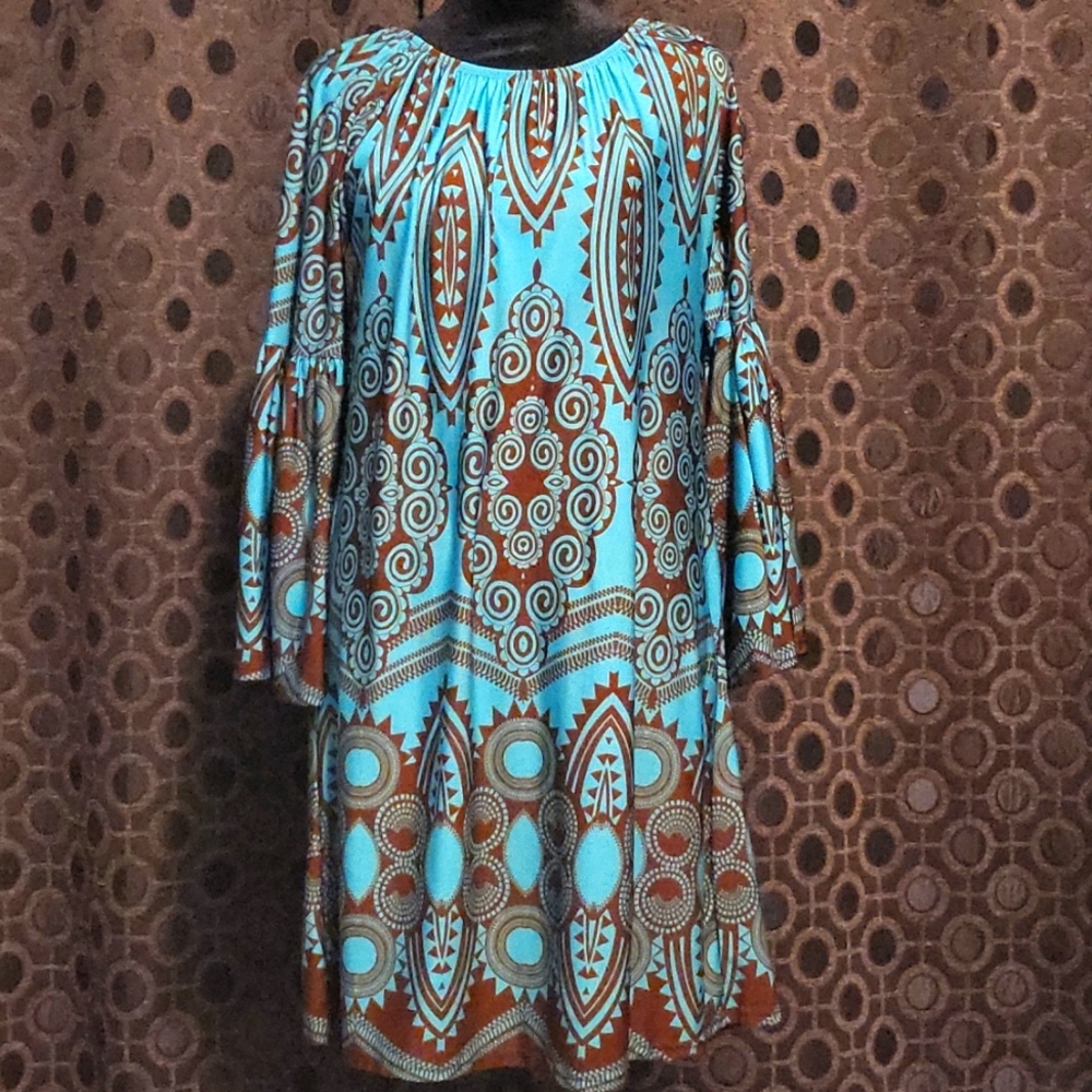 Lore & Mae Teal and Brown patter dress.  trumpet 3/4 sleeve.